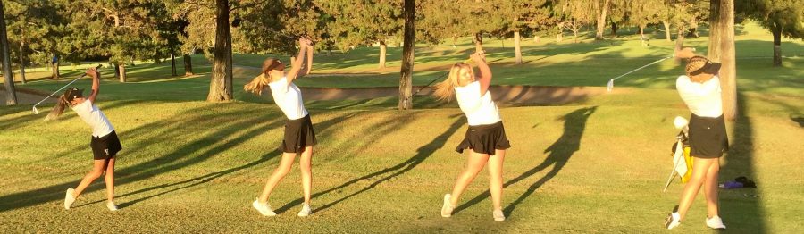 From the left to right: Carlee Steven, Sammy Pedersen, Olivia Block, and Delaney Young practicing their form before their match. Photo by: Paul Pritchard