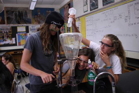 Seniors Peyton Reynolds, Dylan Wilde, and Valentina Pfeifer are hoping to do labs that involve lighting things on fire.
Photo by: Ryan King