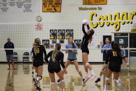 Mary Sinclair, number two, sets the ball while Tatum Teel, number five, assists her in sending the ball over the net.
Photo by: Brooke Newman