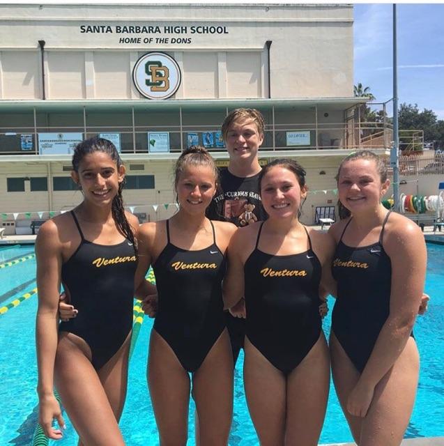 (Pictured left to right) Sophomore Charlotte Allison, junior Paige White, senior Clayton Currie and Amy Elsenbaumer and 2017 VHS graduate Kelsi Dugas were on last years dive team. 
