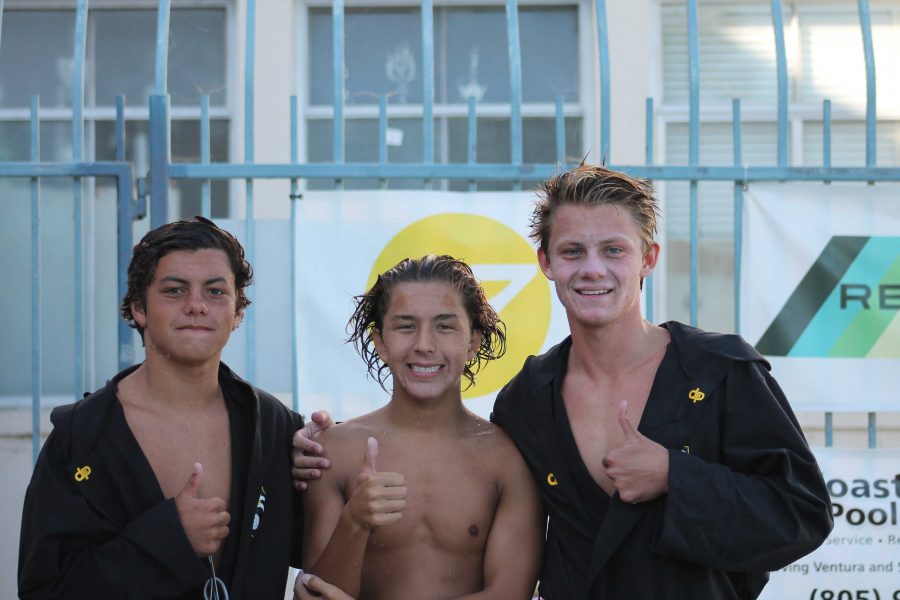 From left to right, Juniors Drew Worthy, Alex Hecox, and Senior Finn Anderson are all very happy after beating Buena.
Photo by: Paris Carmody