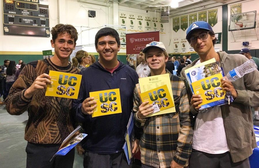 (From left to right) Junior Joey Stutes, senior Alex Rangel, junior Cole Stender, and junior Jake Grajeda all attended the college fair and checked out the UC Santa Cruz booth. Photo by: Ryan King