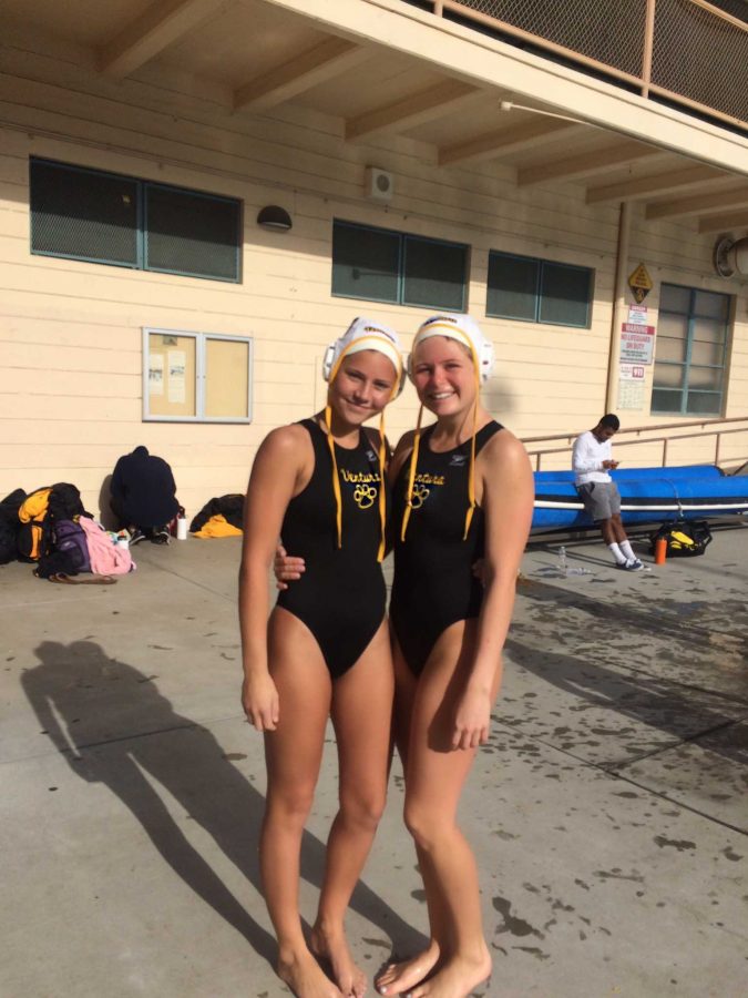 Juniors Paige White and Sierra Cameron, last season after a water-polo game. 
Photo from: Paige White