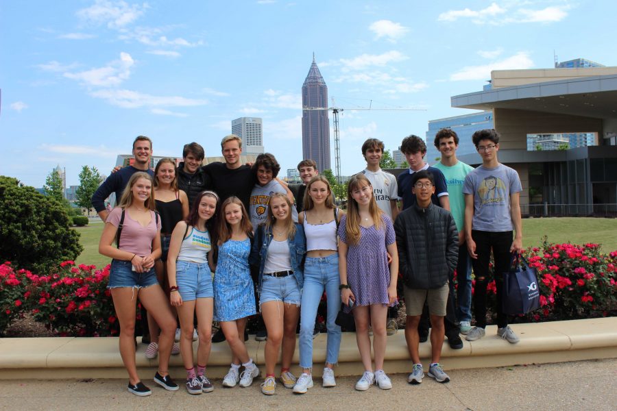 The Wind Ensemble II musicians stand in front of the Atlanta skyline after exploring the Georgia Aquarium. Photo from: Kate Marsden