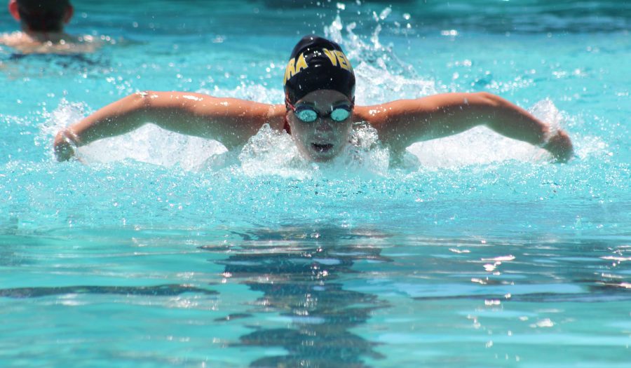 Sophomore+Megan+Ditlof+swimming+the+100+butterfly.+Photo+by%3A+Lola+Bobrow