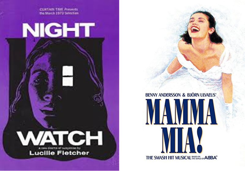 Posters from the original production of Nightwatch and the Broadway production of Mamma Mia.