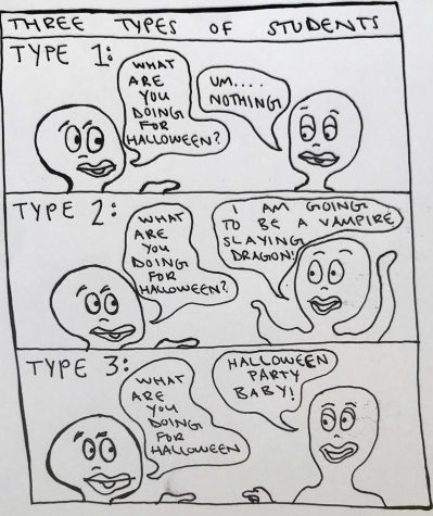 A cartoon illustrates the different ways students may celebrate Halloween this year. Artwork by: Summer Yovano