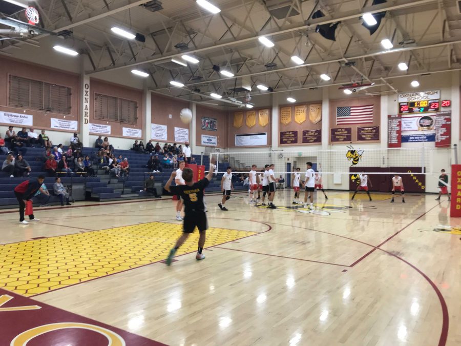 Senior Alex Hernandez (number five) services the ball to Rio Mesa’s side. Hernandez scored nine digs and one serving ace. Photo by: Micah Wilcox