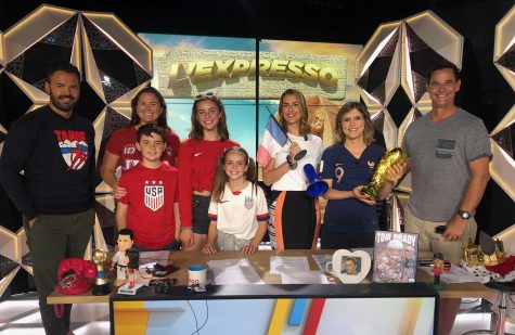 Sophomore Avery Kightlinger and her family excited to prepare on set before filming a segment on BeIN Sports. Photo from: Avery Kightlinger