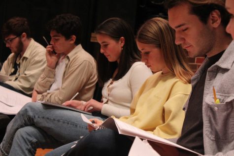 (Left to right) Junior Jay Reynolds, sophomores Joseph Lombardo, Alina Reitz, senior Daniel Metten and freshman Mya Sherman read through the script for the very first time. Photo by: Miles Bennett