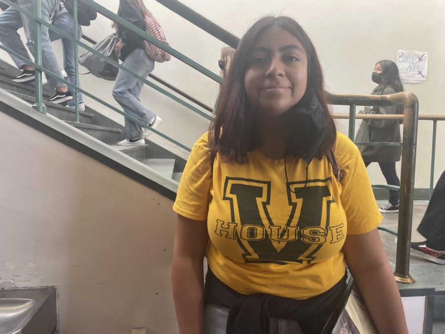 For Friday, senior Diane Villalobos wore her gold V HOUSE T-Shirt in spirit of Fridays theme. Diane feels that Fridays theme is Kinda wack and couldve been been better.