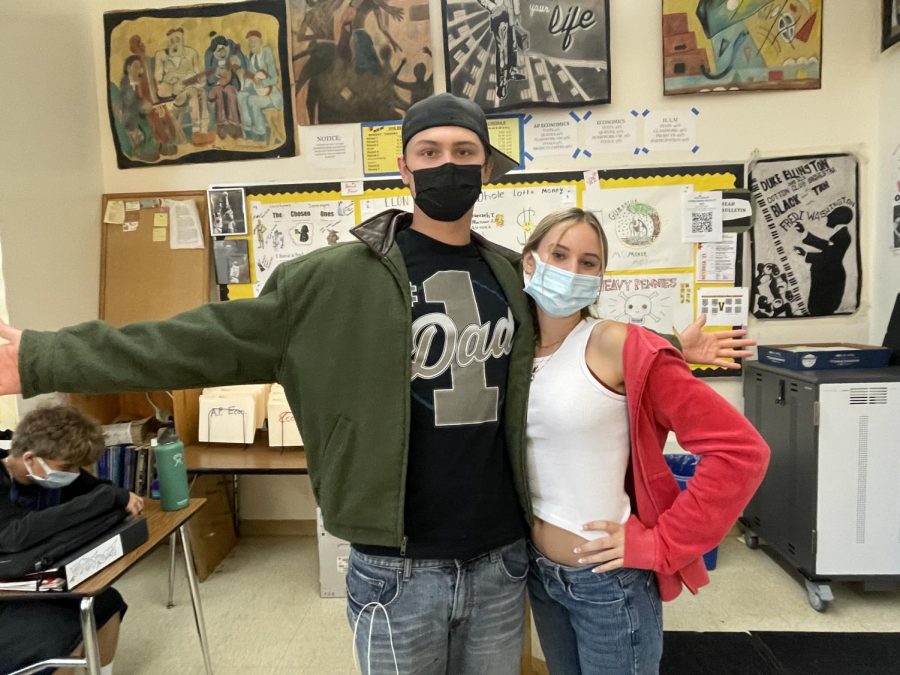 Seniors Joey Golden and Sophia Tyner posed in their 2000s outfits after 3rd period. Goldens favorite part about the 2000s is the music. Tyners favorite part about the 2000s is Channing Tatum. 