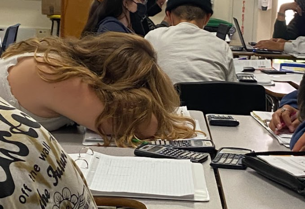 Ryan Rackley is a tired student from Preston Biller's 2nd period math class. How many hours of sleep do you think she got? Photo by: Sophia Denzler