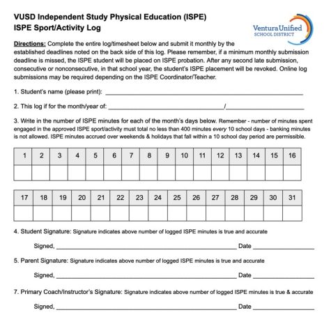 The ISPE form that all ISPE students are required to fill out each month. All students are given access to this sheet and have the option to print it out or submit it digitally. Screenshot from: Ventura Unified School District 