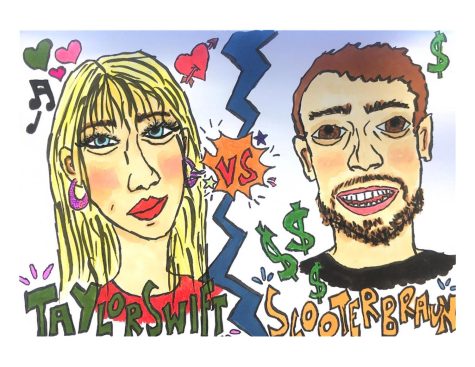 Scooter Braun stole Taylor Swifts music without her knowledge and consent. Flash-forward to Swift reclaiming and reproducing her music today. Drawing by: Belen Hibbler