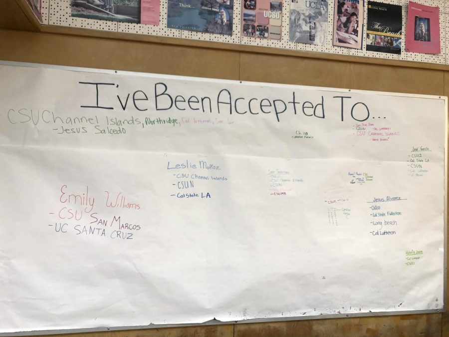In VHS AVID teacher Linda Bergelds classroom (room 58), there is a white board where AVID members can write their admitted colleges and names. Photo by: Alejandro Hernandez