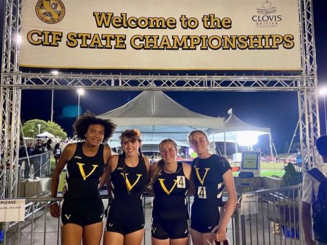 Valentina Fakrogha 24, alternate junior Chelsea Ochoa, Olivia Mobley 25 and Ryan Mendez 23 (left to right) at the CIF state championships, which they qualified for with their record-breaking time. Photo by: Ryan Mendez
