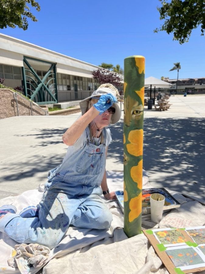 Hanrahan (pictured) worked on the painted posts at Ventura High School. Egbert said, MB is a local and well-respected Ventura artist who has experience working with the schools. Photo from: Cherie Egbert