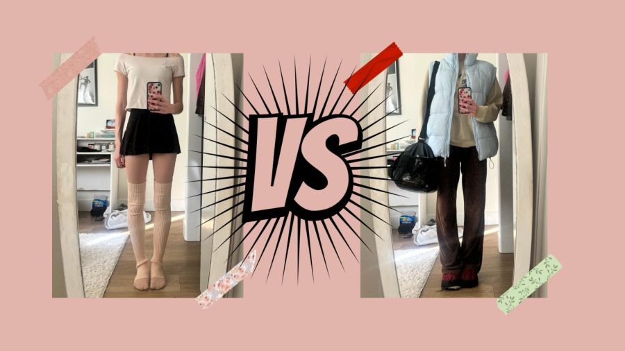 Ballet-core consists of a color palette of baby pink and other soft, pastel colors, emphasizing the delicate and dainty persona placed around ballet dancers. The picture on the right shows the reality of a ballet dancers outfits. Graphic by: Ava Mohror