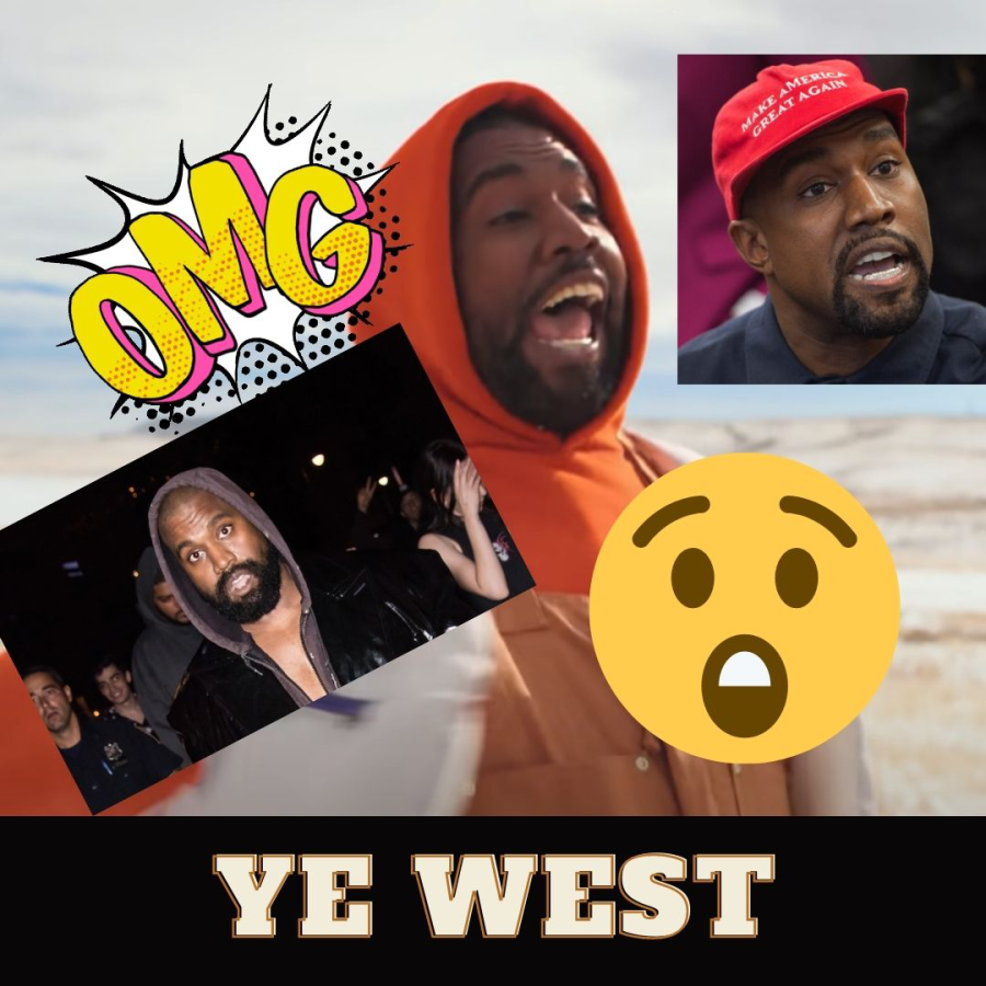Collage of recent pictures of singer/songwriter Ye West in one of his hit singles Follow God and him at a Make America Great Again rally.

