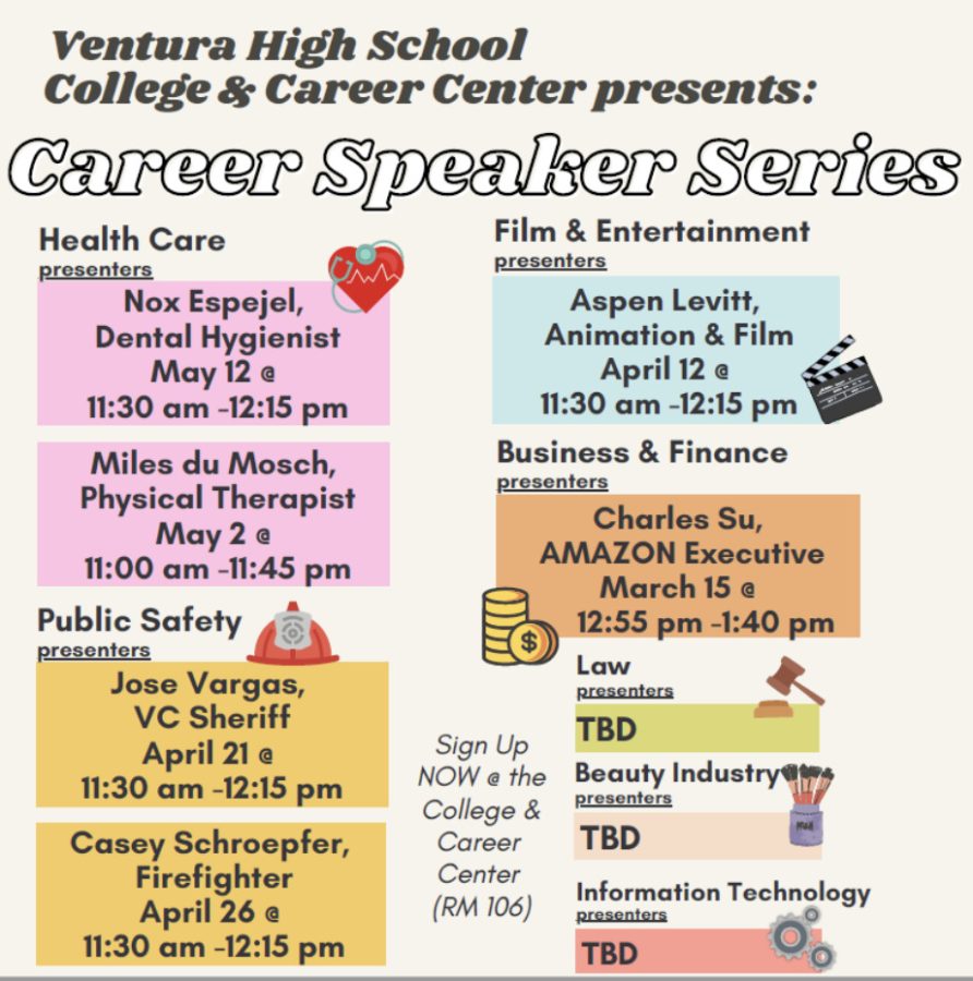 The flyer for the career speaker series is constantly updated with new speakers coming to VHS. Updates are available in the college and career center or @vhs_college_career_center on Instagram. Graphic from: VHS announcement slides
