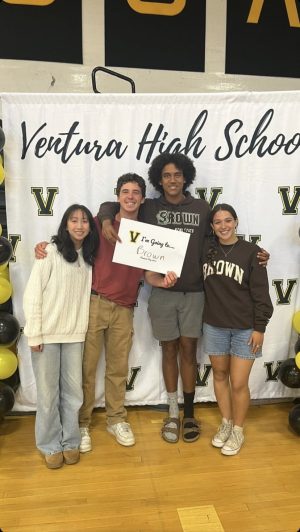 Angelina Nguyen 23, Mateo Navarro 23, Carson Peterson 23 and Lilia Duque 23, left to right, at VHS decision day rally. Photo by: Admin