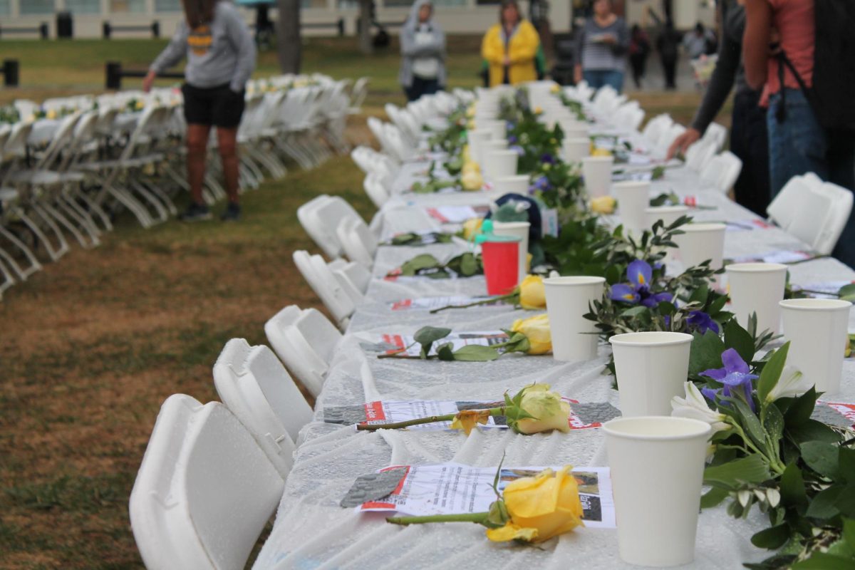 Pictures were taped onto table cloths with yellow flowers for every person as well as a purple flowered garland. Photo By: Alexis Segovia  