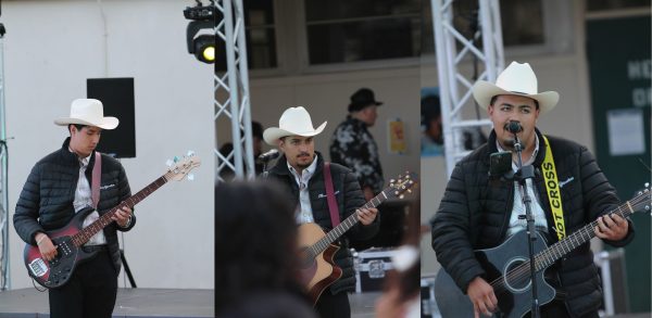 Student-led band Clave Afirmativo featuring Matthew Valdovinos 24 (left), Damian De La Fuente 24 (center) and Manny Guillen 24 (right) performing at the baile. Photo by: Nathan Lopez
