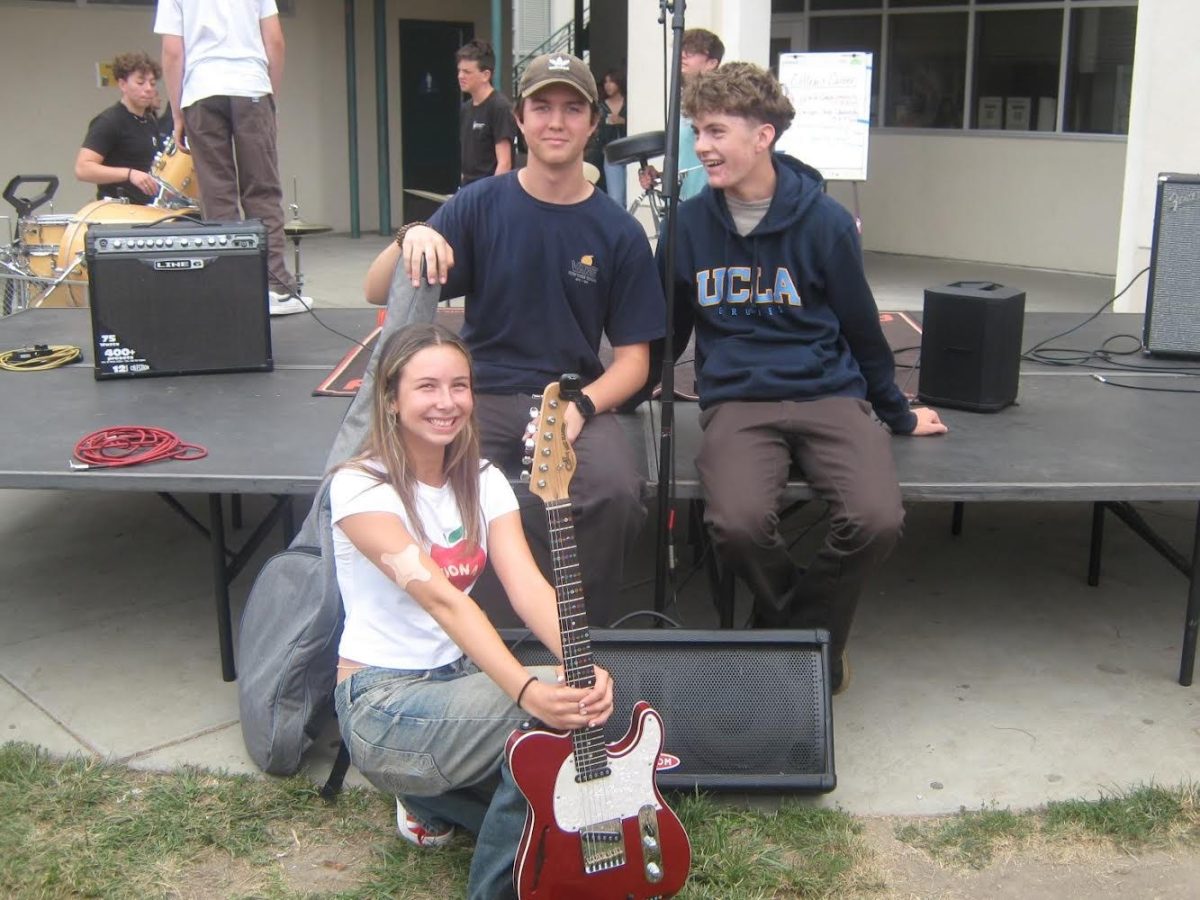 Left to right, Kirra Anderson '28, Jack Lim '27 and Styles Haley Kettler '28. Anderson does vocals and guitar for the band. Lim plays the base and Hettler is the drummer. Photo by: Emma Blackburn