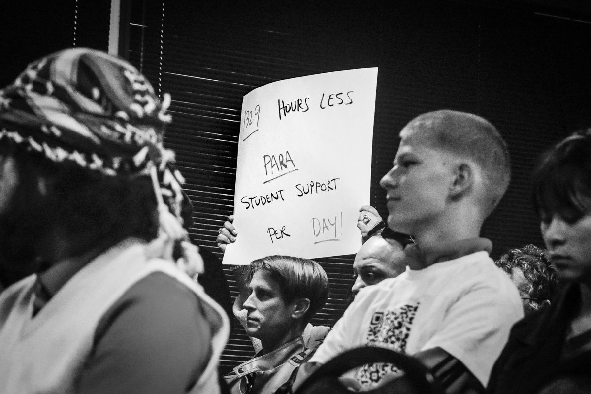 The majority of the public came to the meeting in support of both certified and classified staff, including paraeducators, elementary librarians and teachers at Homestead. Photo by: Daniel  Mendoza