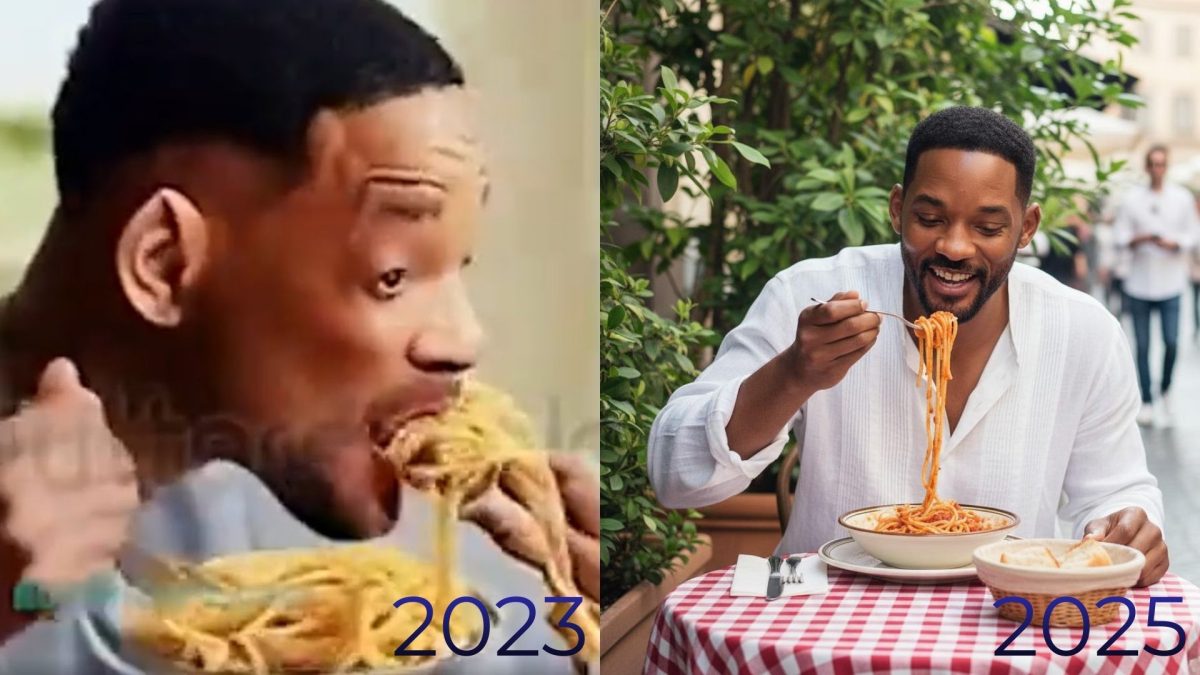 "Will Smith eating spaghetti" was a test for AI generative software in 2023, characterized by its low quality, was remade in 2025 with a very large difference. Graphic by Adrian Anderson